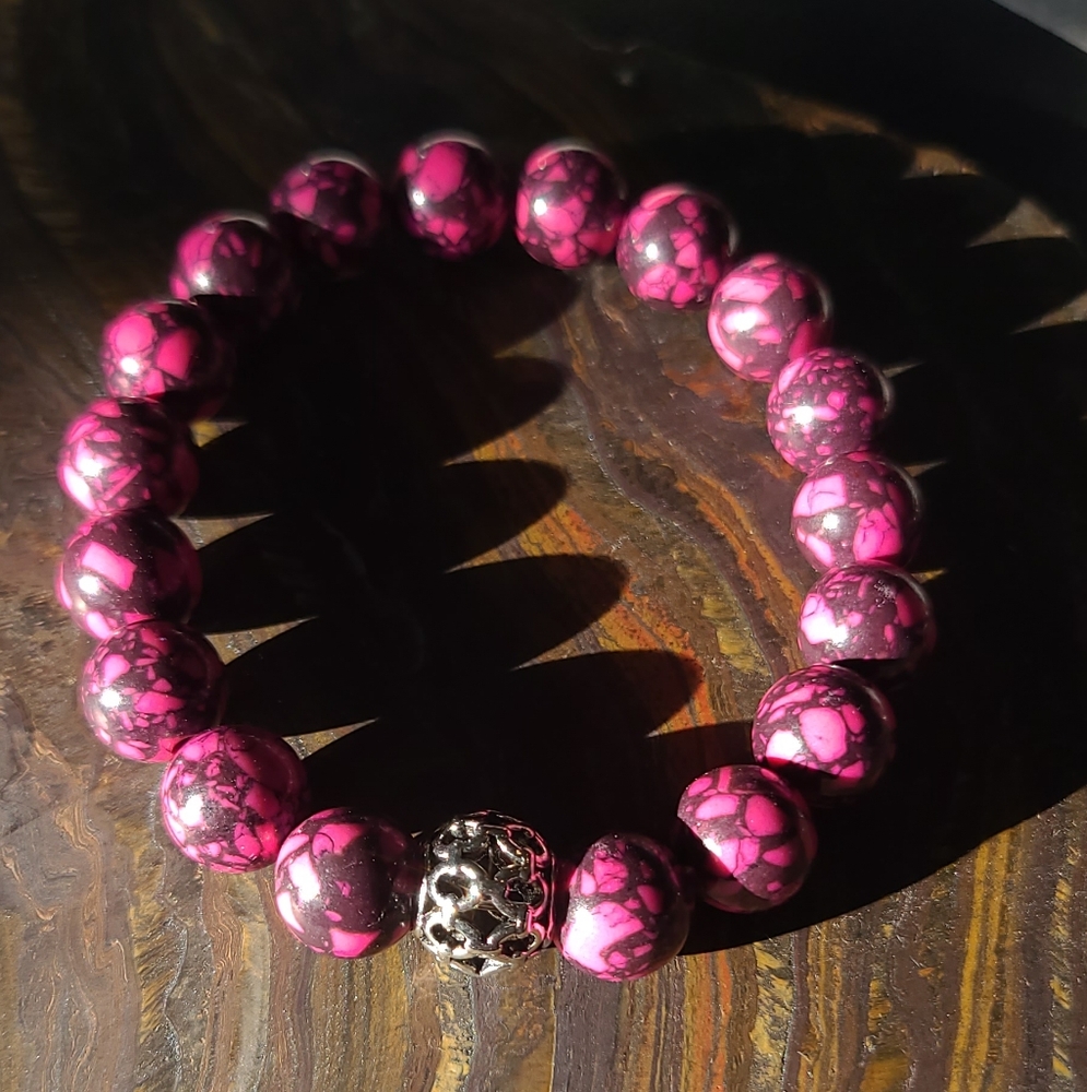 Hand crafted Pink And Grey clay polymer bead bracelet with silver accent bead